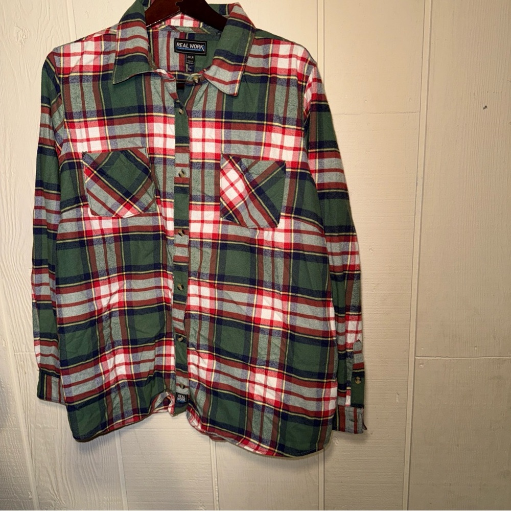 Real Work Men's 2XLR Multicolor Plaid Shirt Button Down Festive holiday colors